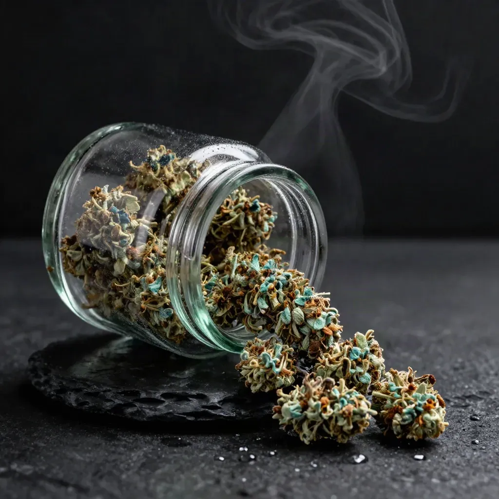 Glass jar of Blue Dream buds spilling on wet stone in dramatic dark studio light.