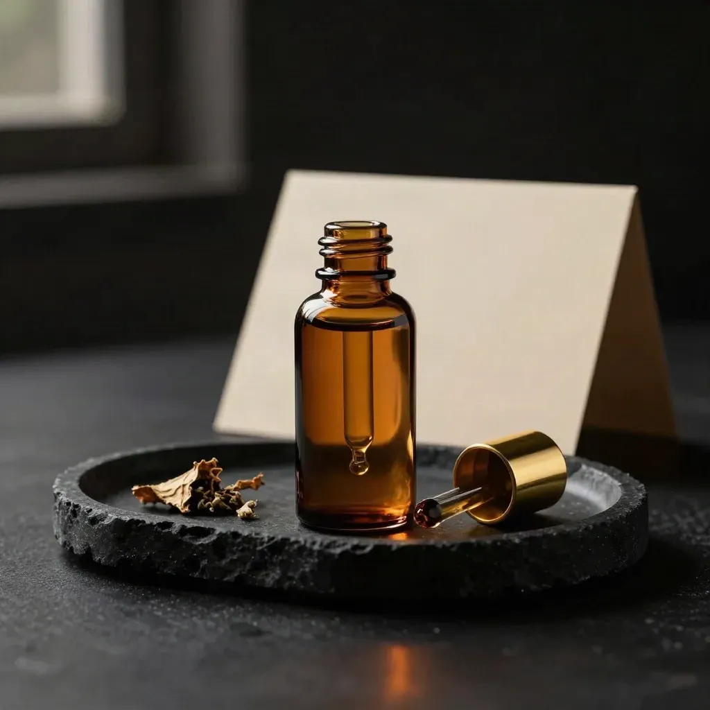 Smoked-glass tincture bottle with amber liquid and dropper on black stone in dramatic studio light.