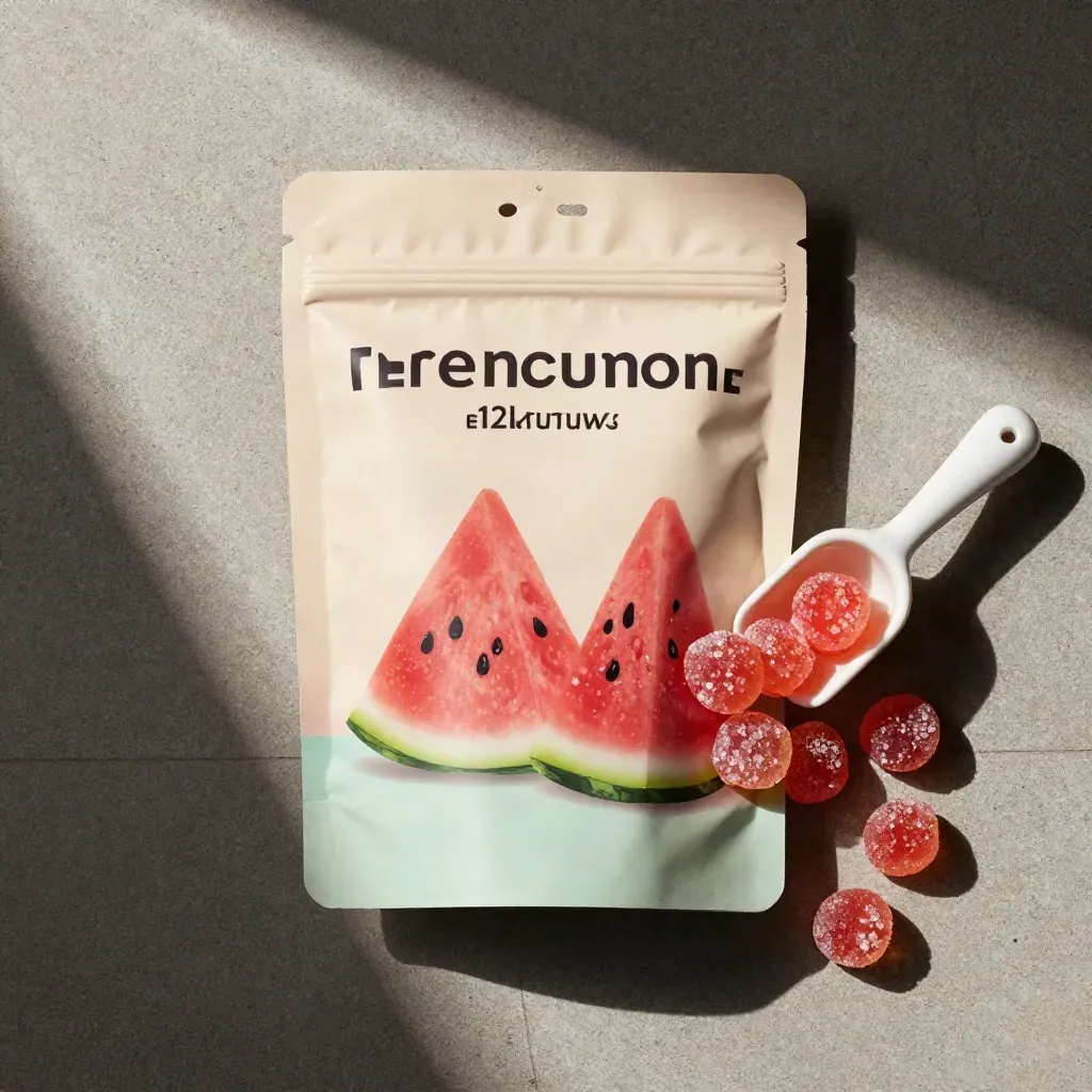 Overhead flat lay of watermelon gummies, pouch, sugar crystals, wedges, and a ceramic scoop on concrete.