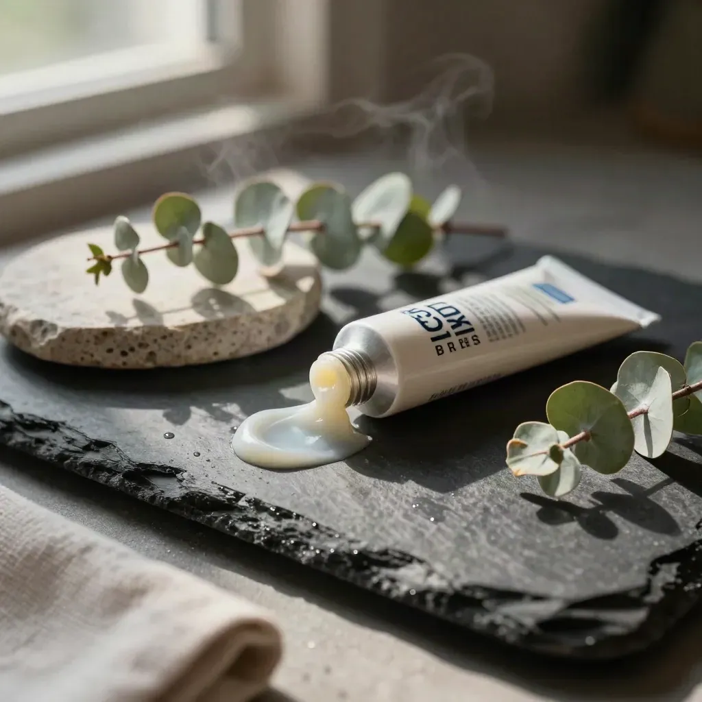 CBD menthol balm tube with open cap, eucalyptus and stone dish on a charcoal spa ledge.