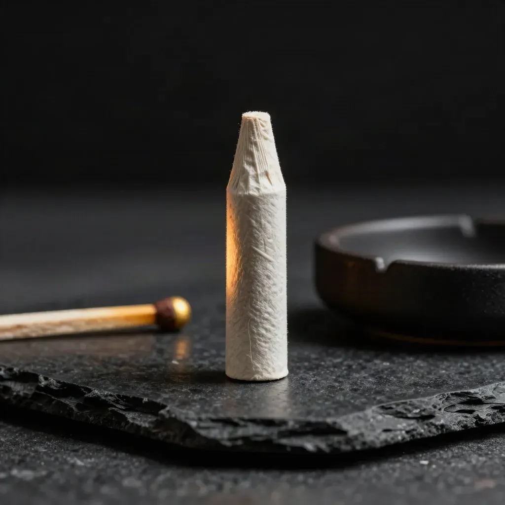 OG Kush pre-roll with cedar match and tray on dark stone in dramatic studio light