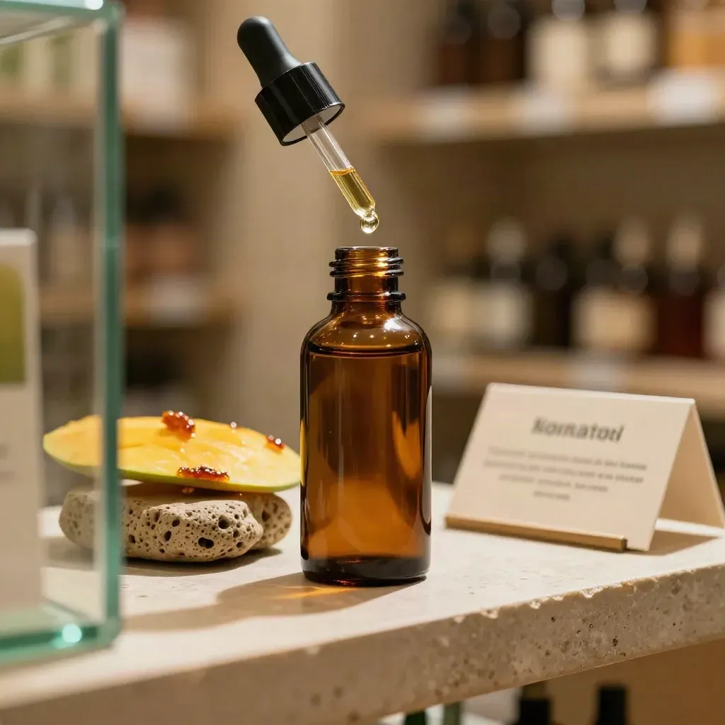 Amber mango tincture bottle with dropper bead, dried mango slice, and stone on a limestone plinth
