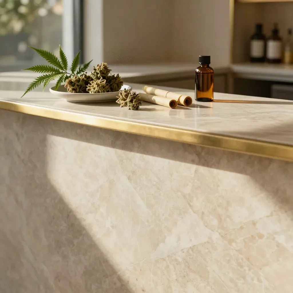 Marble counter with fern, brass rail, and small cannabis products in soft light.