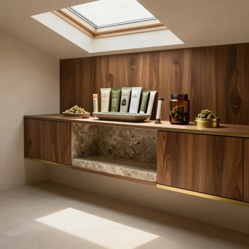 Walnut-paneled cannabis retail interior with pre-rolls and flower in a stone niche